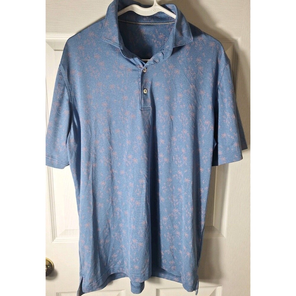 Johnnie O Polo Shirt Mens Medium Blue Pink Flamingo Palm Tree Golf Performance